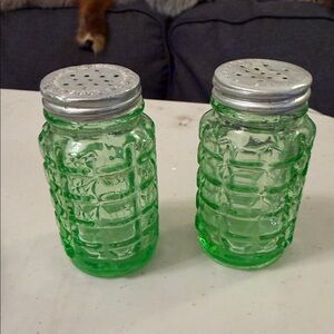 Hazel Atlas Green Depression Glass Salt and Pepper Shakers Glow!!!